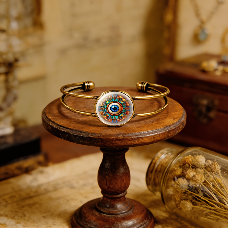 Antique Cyan Double-Layer Adjustable Bracelet with Blue Eye Design